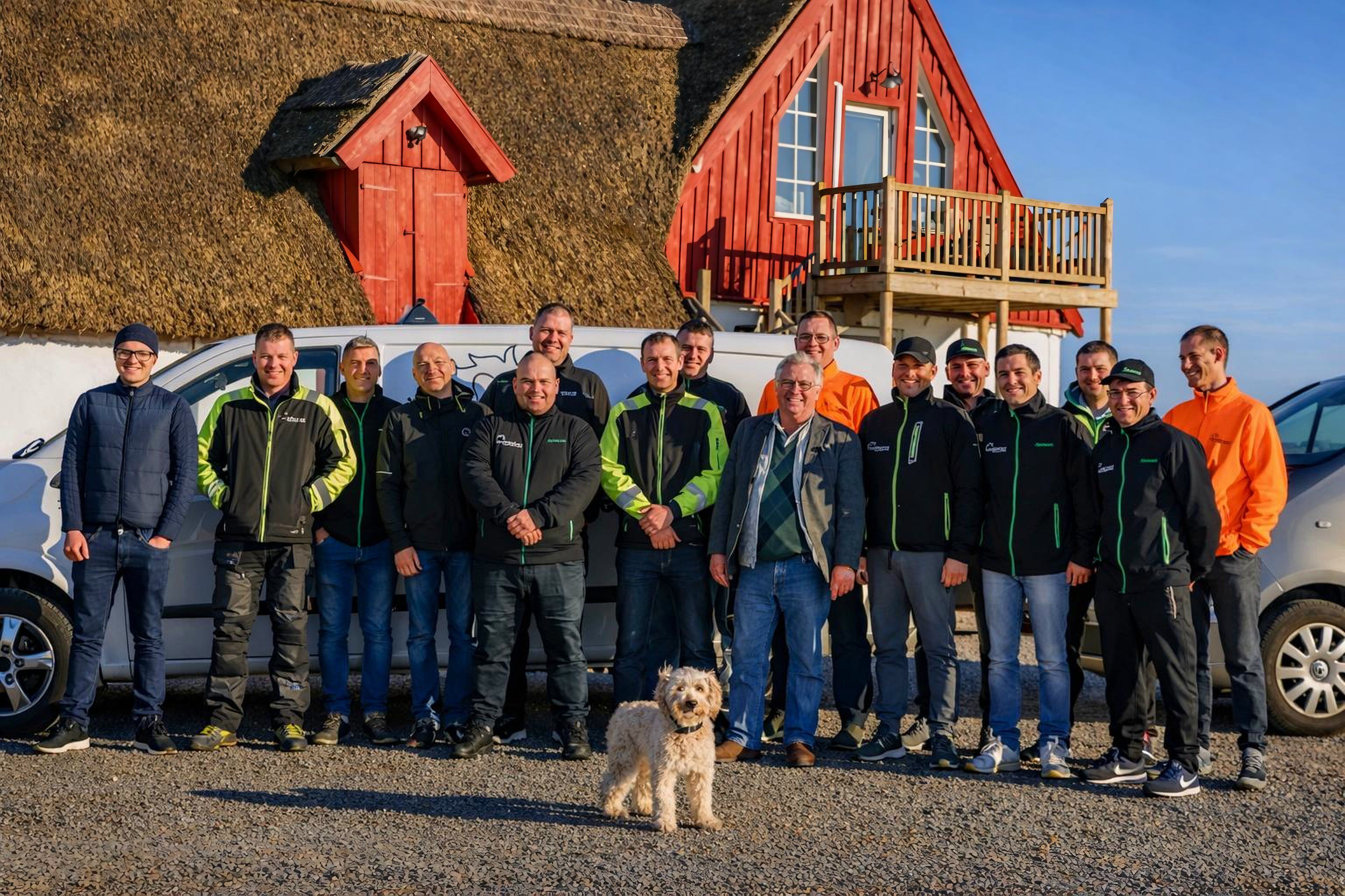 RE24:s team i arbetsjackor framför ett rött trähus med vasstak, med en hund i förgrunden